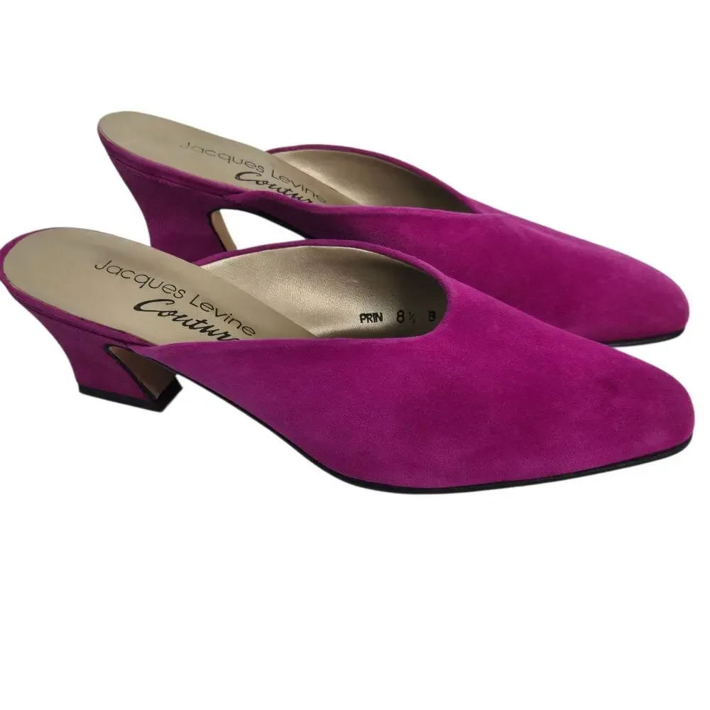 Vintage Jacques Levine Couture Suede Mules Fuchsia Pink Kitten Heels 8.5 B - Picture 1 of 11